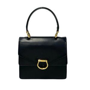 CELINE Vintage Gancini Hardware Calf Leather Handbag Mini Tote Bag Black 44809